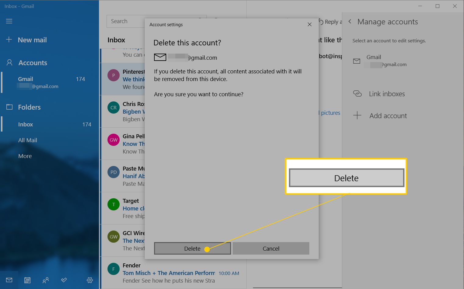 how to delete outlook account that setup with windows 10