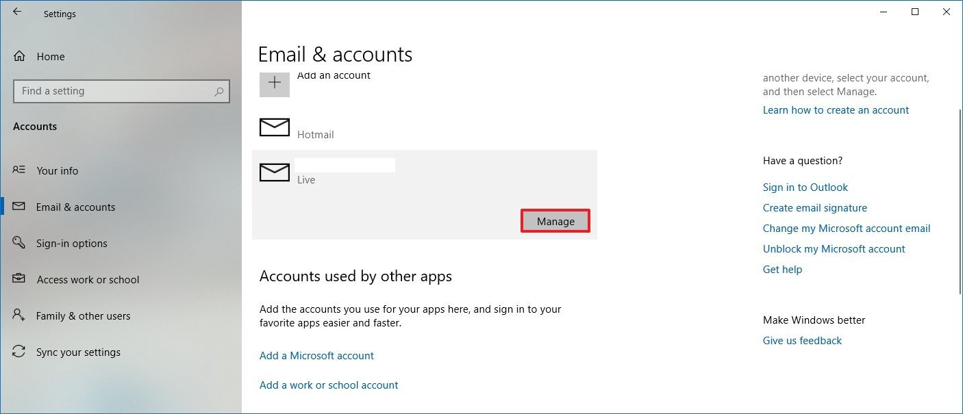 how to delete outlook account that setup with windows 10